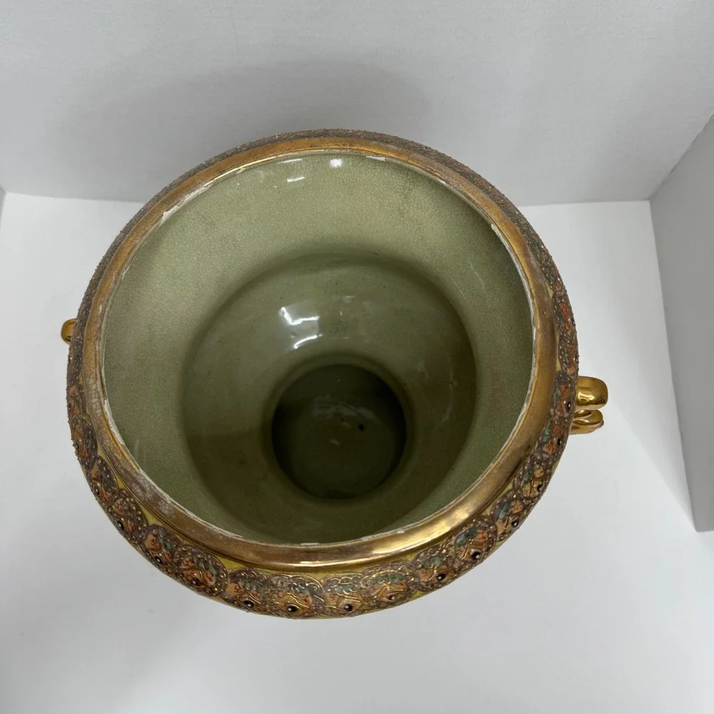 Vintage Japanese Satsuma Moriage Urn Vase Geisha Boat Scene Gold Gilt 7in